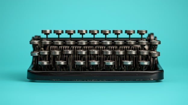Vintage typewriter against a bright turquoise background, showcasing classic design and nostalgia photo