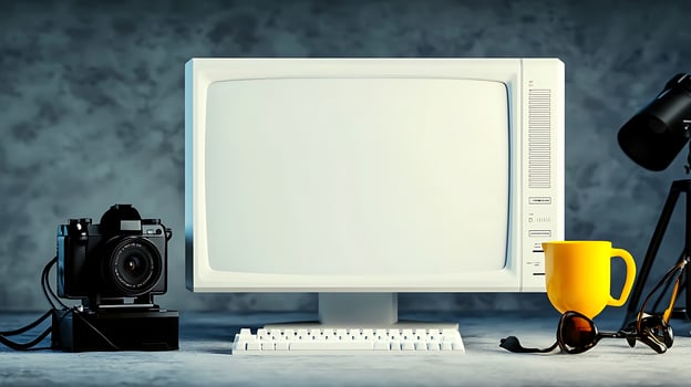 Vintage workspace featuring a blank monitor, camera, yellow mug, and desk lamp with a textured backdrop photo