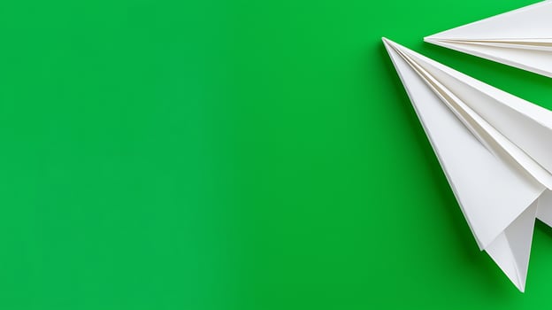 White paper airplanes on a vibrant green background, symbolizing creativity and playfulness photo