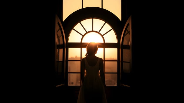 Woman Silhouette Gazing at Sunset Through Open Window with Golden Light photo