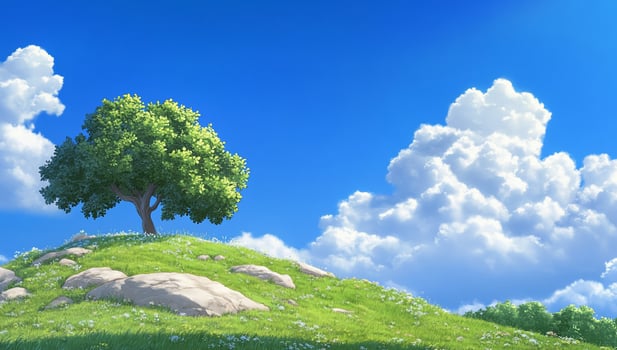 A serene landscape featuring a tree on a grassy hill under a blue sky. photo