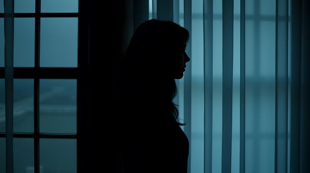 Silhouette of Woman Contemplating by Window with Evening Light photo