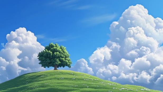 A serene landscape featuring a solitary tree on a grassy hill under clouds. photo