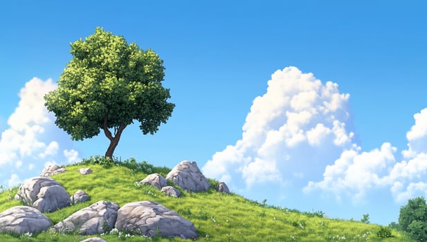 A serene landscape featuring a lone tree on a grassy hill under blue skies. photo