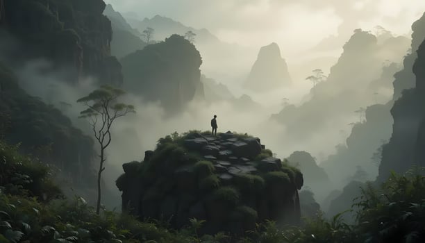 Man Standing Atop Rock Formation Overlooking Misty Mountain Valley photo