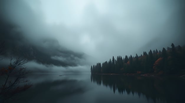 Misty Lake with Forest and Mountain Reflections in Calm Water photo