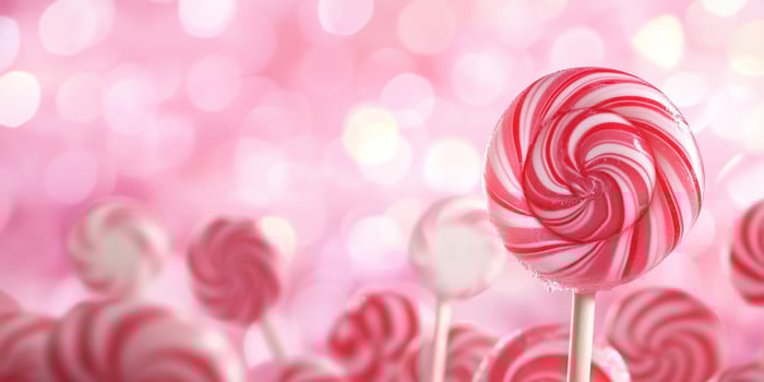 Colorful striped lollipops against a soft pink background. photo