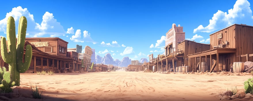 A vibrant illustration of a deserted Western town under a clear sky. photo