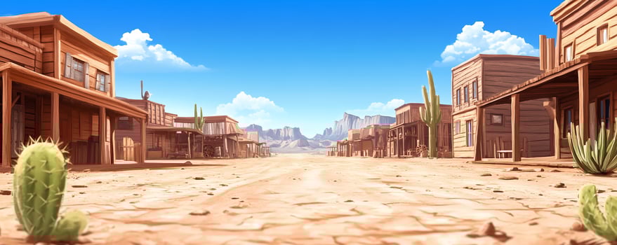 A deserted Wild West town with wooden buildings and cacti. photo