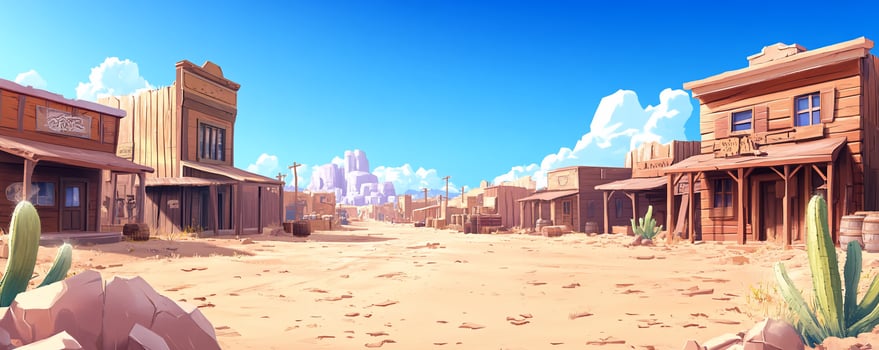 A vibrant desert town scene with wooden buildings under a blue sky. photo