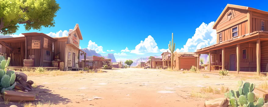 A vibrant, animated depiction of a western town under a blue sky. photo