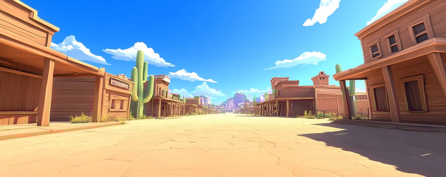 A vibrant cartoon-style western town with wooden buildings and cacti. photo
