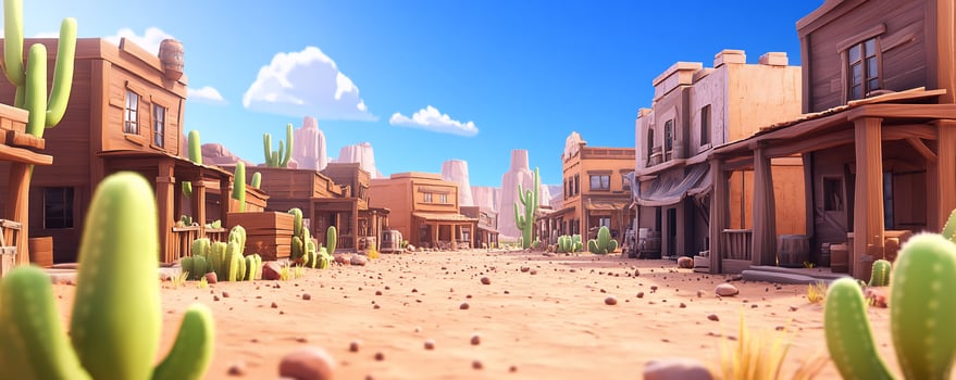 A vibrant cartoon-style depiction of a desert town with wooden buildings. photo