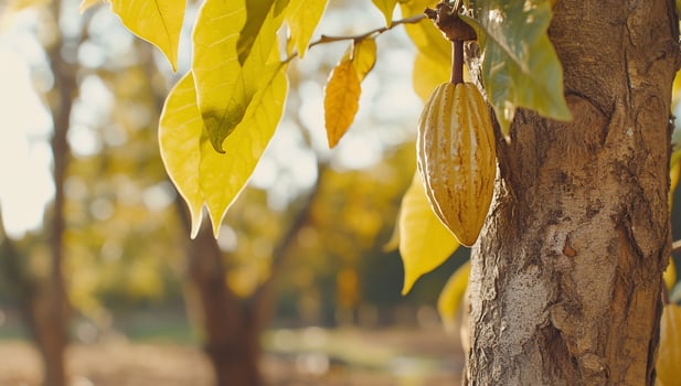 A cacao pod hanging from a tree amidst vibrant yellow leaves. photo