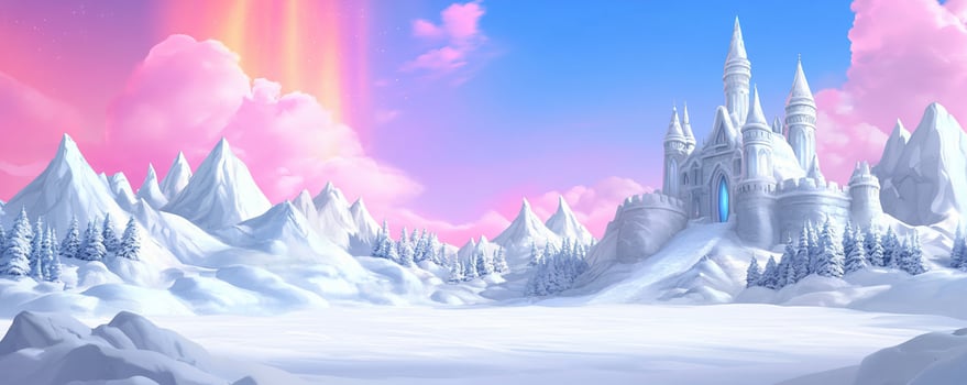 A serene winter landscape featuring a majestic ice castle. photo