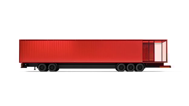 Red semi-trailer truck exhibiting modern glass office space photo