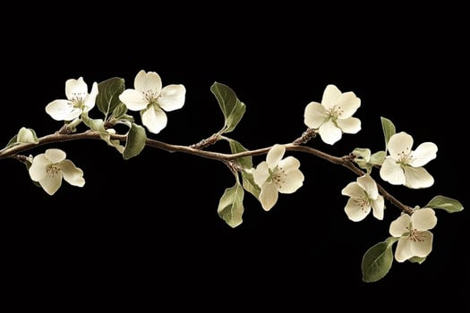 Blooming apple tree branch with delicate white flowers on black background photo