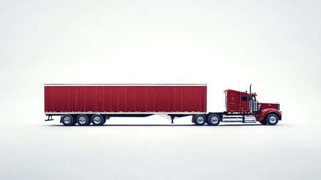 Red american semi-truck transporting goods across country photo
