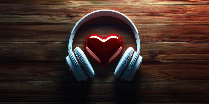 Heart shaped decoration next to headphones on wooden background for music lovers' gathering photo