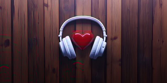 Headphones and a heart placed on a wooden surface create an artistic representation of music and love photo