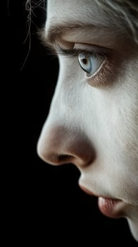 Portrait of a young person with striking blue eyes and pale makeup against a dark background photo