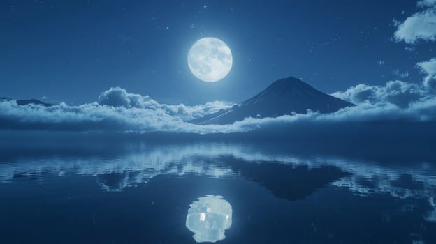 Serene night scene with a full moon reflecting over a tranquil lake. photo