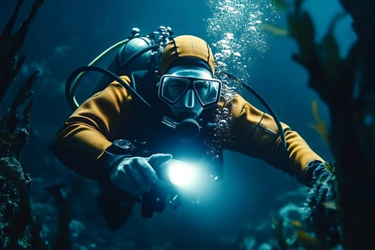 Professional diver exploring underwater world with dive light photo