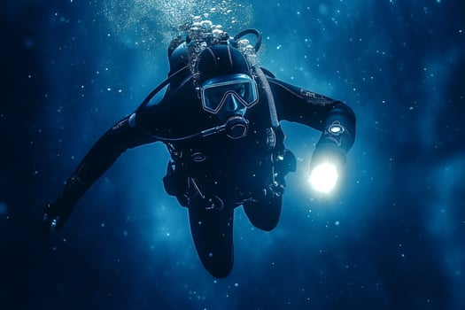Scuba diver exploring deep ocean with underwater flashlight photo