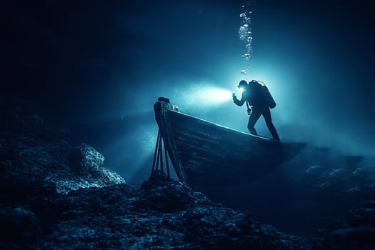 Diver exploring sunken boat in deep ocean at night photo