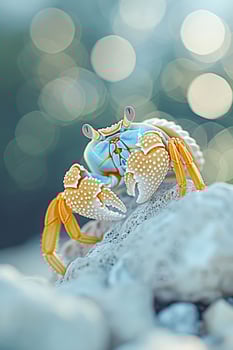 A vibrant crab perched on rocks, showcasing its colorful shell against a blurred background. photo