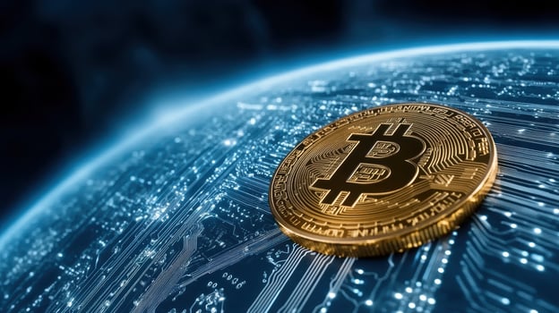 golden cryptocurrency coin on digital circuit background, symbolizing innovation and technology photo