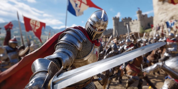 A knight in armor prepares for battle amidst a medieval scene. photo