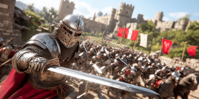 A medieval battle scene with armored knights and a castle backdrop. photo
