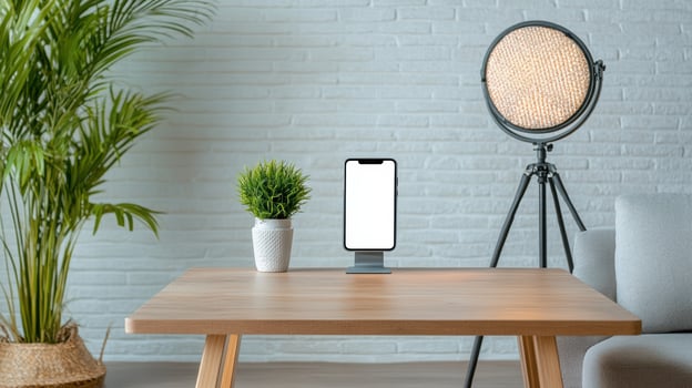 modern desk setup featuring smartphone, plant, and stylish lamp photo