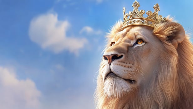 A majestic lion wearing a golden crown against a blue sky. photo