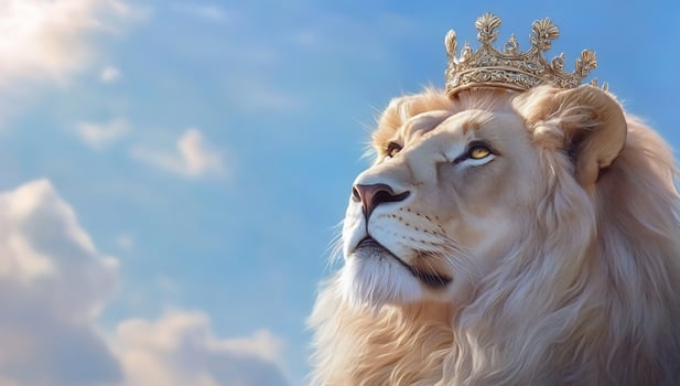 A majestic lion wearing a crown against a serene sky backdrop. photo