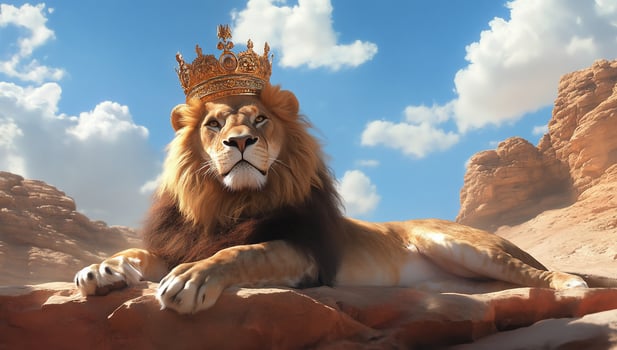 A majestic lion wearing a crown, resting in a desert landscape. photo