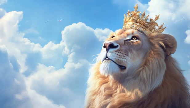 A majestic lion wearing a crown, gazing thoughtfully amidst clouds. photo