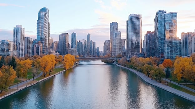 A river runs through a city with tall buildings photo