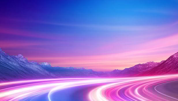 A vibrant landscape with colorful light trails and mountains. photo