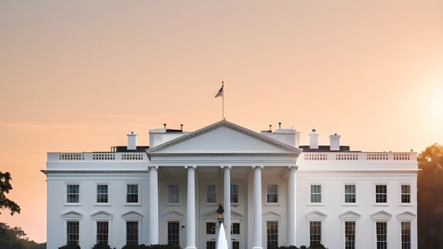 A soft morning light bathes the White House, with a sky gradient perfect for adding text, ideal for Presidents Day. photo