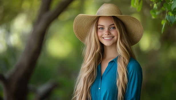 A smiling young woman in a wide-brimmed hat outdoors. photo