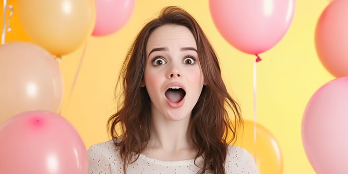 A surprised woman surrounded by colorful balloons against a bright background. photo