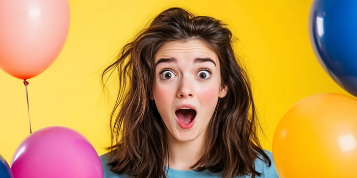 A woman is looking surprised with balloons photo