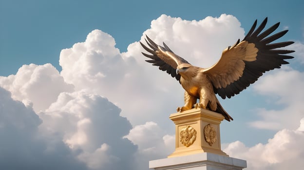 A detailed image of a golden eagle statue with its wings spread, set against soft clouds, ideal for incorporating Presidents Day content. photo