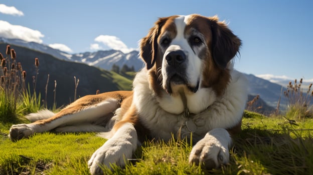 Saint bernard dog relaxing in mountain landscape nature photography outdoor serenity scenic viewpoint photo