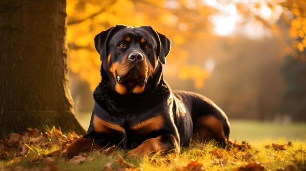 Rottweiler sitting proudly in autumn field nature photography outdoor environment warm light canine beauty photo
