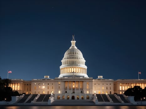 A dramatic night scene of the U.S. Capitol, softly lit with a blurred foreground perfect for Presidents Day copy. photo