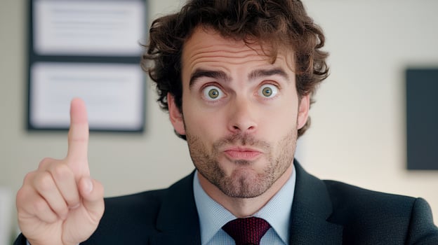 Businessman with Surprised Expression Holding Finger Up in Office photo