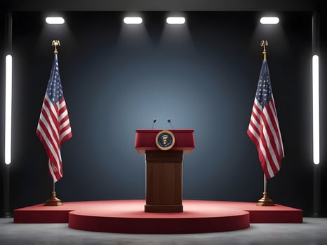 A detailed podium for the President, bathed in spotlights and subtly adorned with a patriotic theme, offering ample space for Presidents Day content. photo
